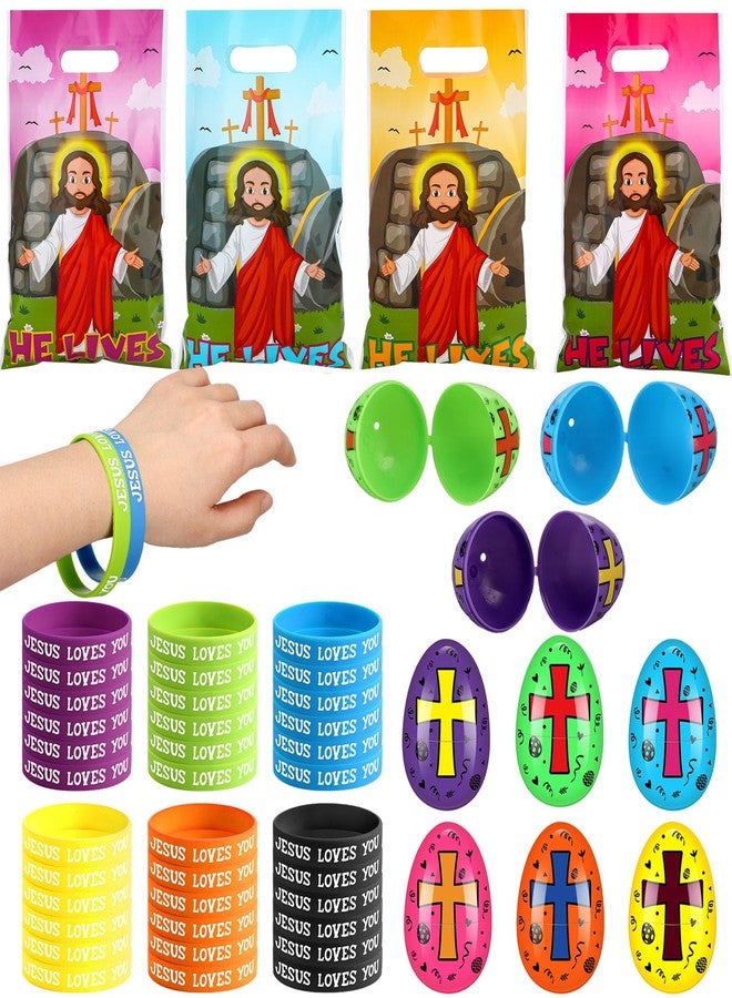 Clysee 108 Pcs Easter Religious Party Favor Easter Eggs Fillers Christian Goody Bags Jesus Loves You Wristbands Party Supplies for Gift Church (Jesus) - Image 1